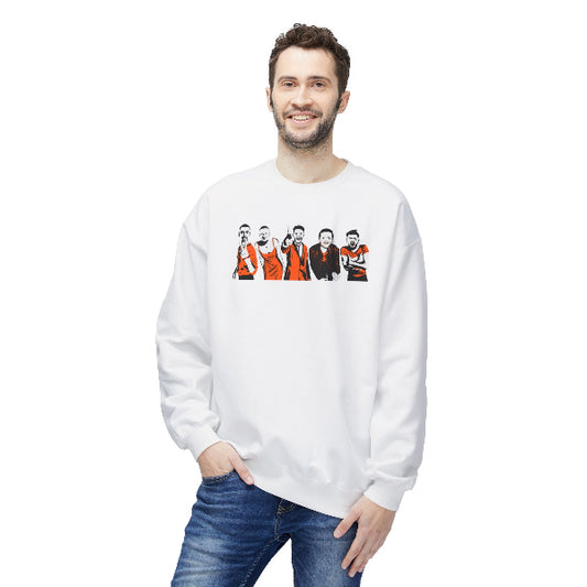 Man wearing a white sweatshirt with graphic design on a white background