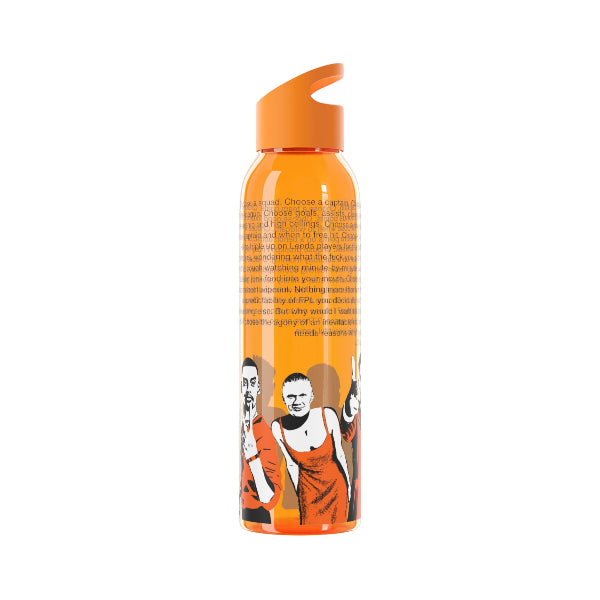 Orange water bottle with graphic design on a white background