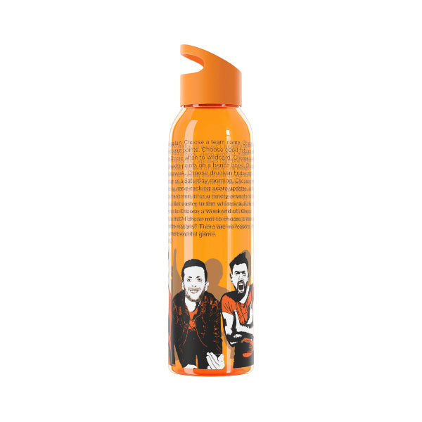Orange water bottle with printed design on a white background