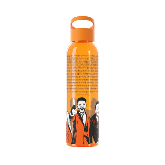 Orange water bottle with graphic design on a white background