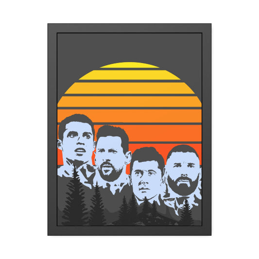 Framed artwork with four silhouettes of men against a sunset background