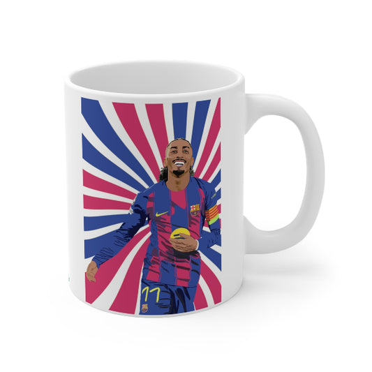 Mug with a colorful design of a soccer player in a blue and red jersey on a white background