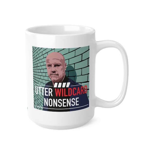 White mug with a graphic of a person against a brick wall and text on a white background