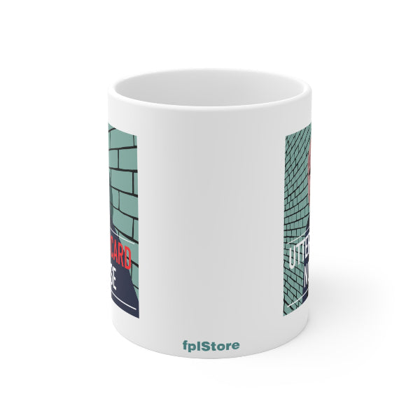 White mug with a graphic design on a white background