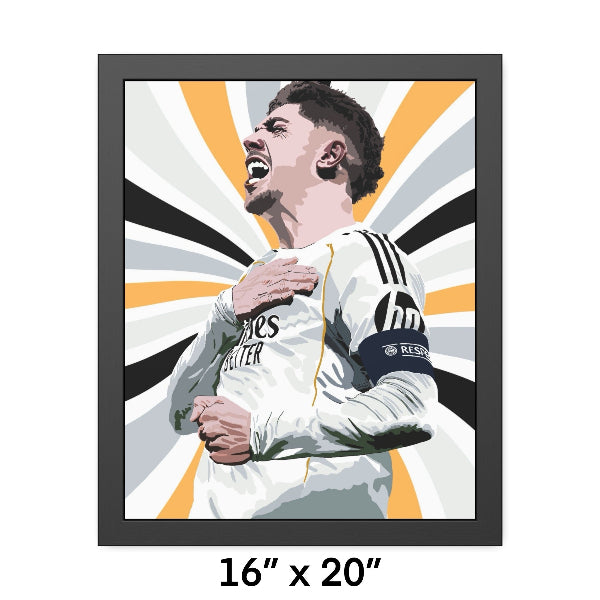 Framed artwork of a soccer player in a white jersey with visible branding, on a white background.