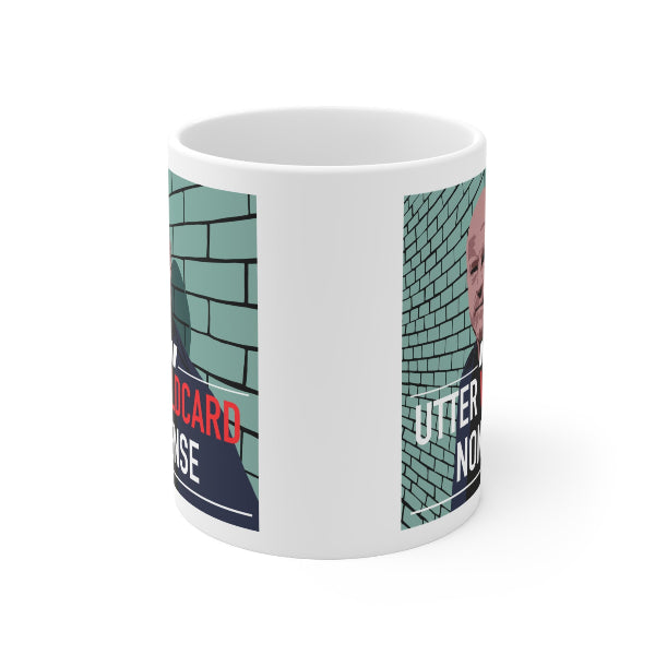 A white ceramic mug featuring a printed graphic design with a teal brick wall, a partial portrait, and bold text in red and white.